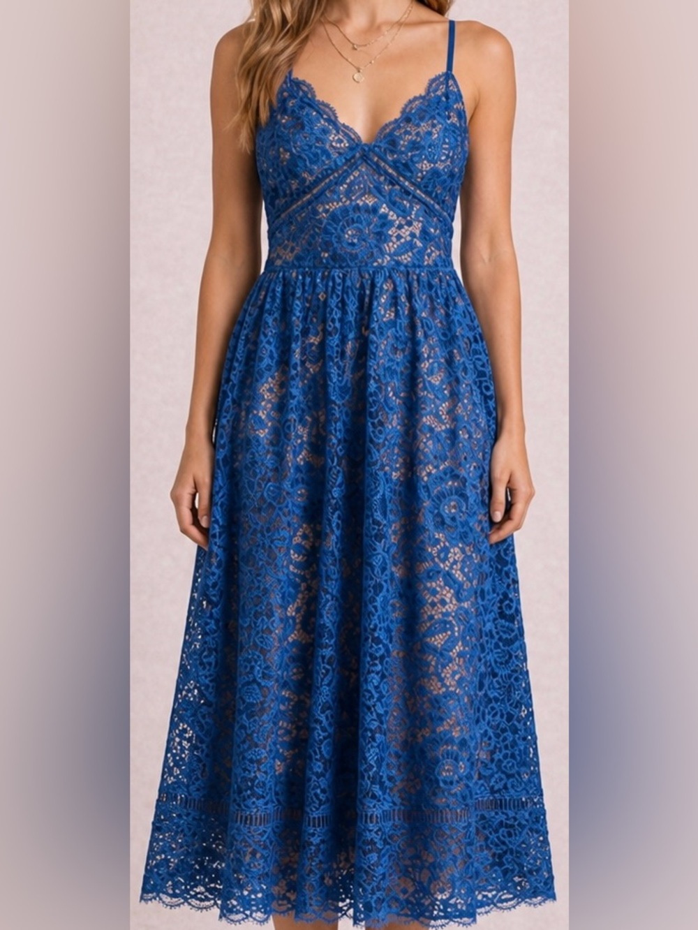 Cobalt Blue Lace Midi Dress Fit Flare Strappy Wedding Guest Size M